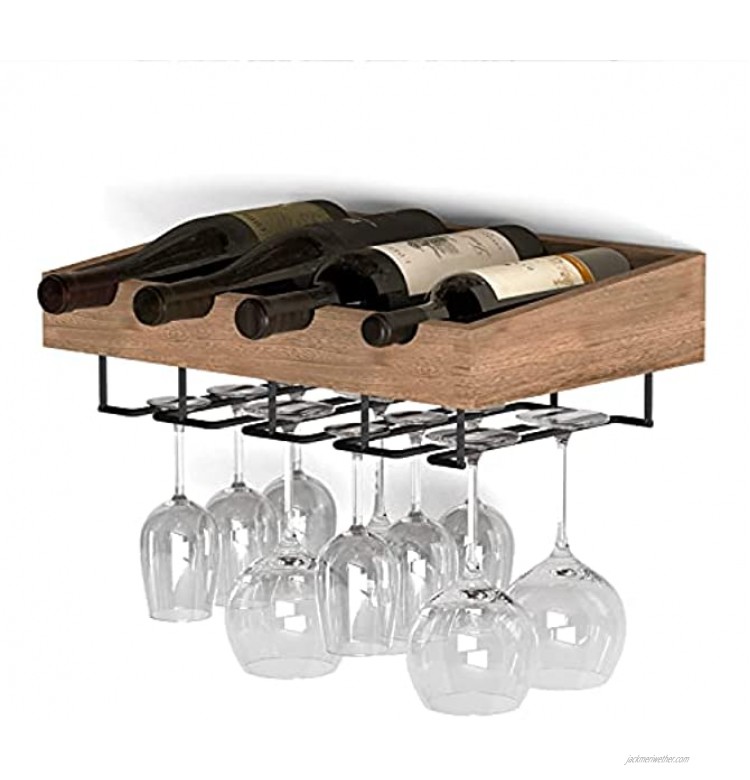 Brightmaison Crete Wine Rack Wall Mounted with Wine Glass Holder Wine Storage and 4 Bottle Rack for Rustic Wall Decor Wood Walnut