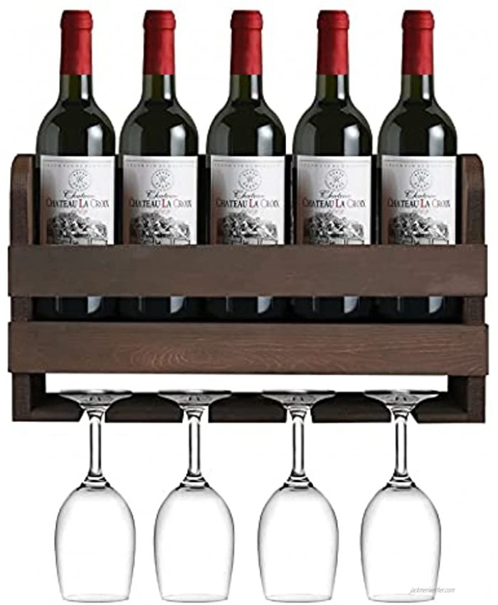 Giikin Rustic Wall Mounted Wine Rack Holds 5 Bottles and 4 Glasses Wood Floating Wine Shelf Organizer with Wine Glasses Holder Wine Storage Rack for Home Bar Wall Display Decor Rustic Brown