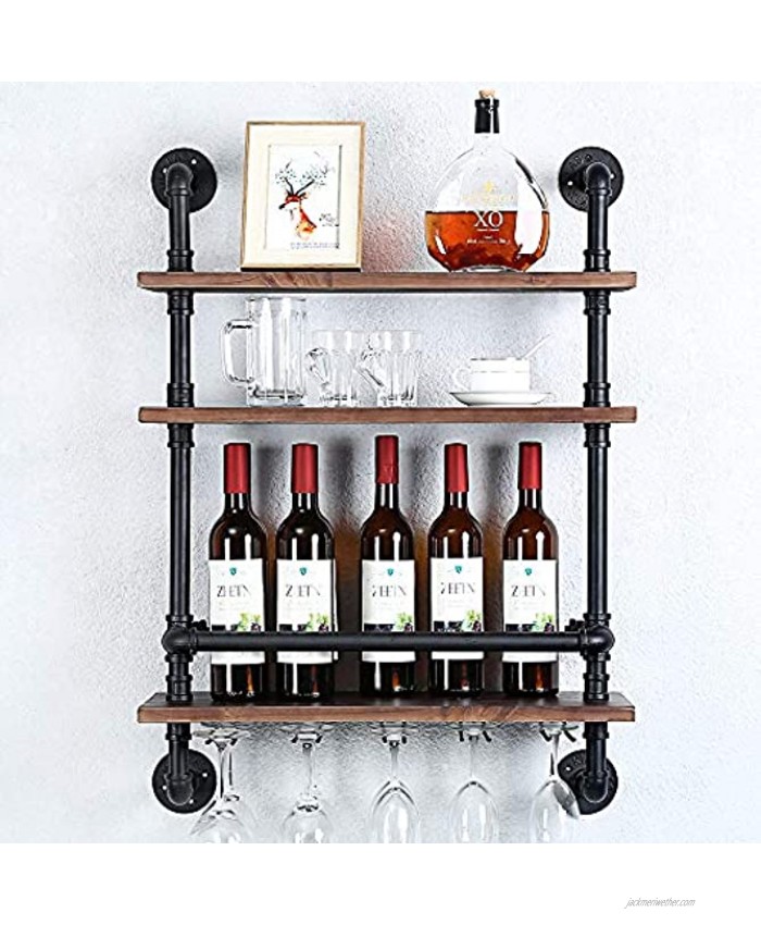 Industrial Pipe Shelf Wine Rack Wall Mounted with 5 Stem Glass Holder,3-Tiers Rustic Floating Bar Shelves Wine Shelf,24in Real Wood Shelves Wall Shelf Unit,Pipe Shelving Glass Rack