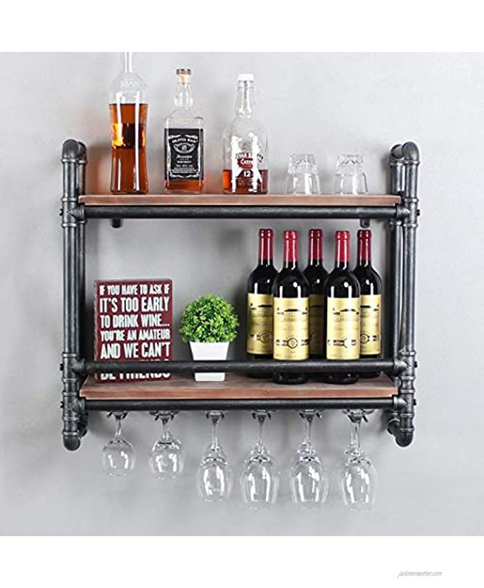 Industrial Pipe Wall Mounted Wine Racks with 5 Stem Glass Holders for Wine Glasses,2-Tier Storage Wood Shelves,Mugs Rack,Bottle & Glass Holder,Wine Storage Display Rack,Home Décor