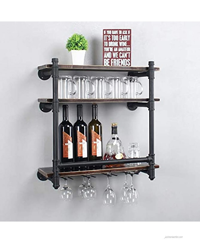 Industrial Wall Mounted Wine Rack,3-Tier Wood Shelf,Wine Bottle with 4 Stemware Glass Rack,Mugs Racks,Bottle & Glass Holder,Display Racks,Home & Kitchen Décor,Black24 inch,Style A