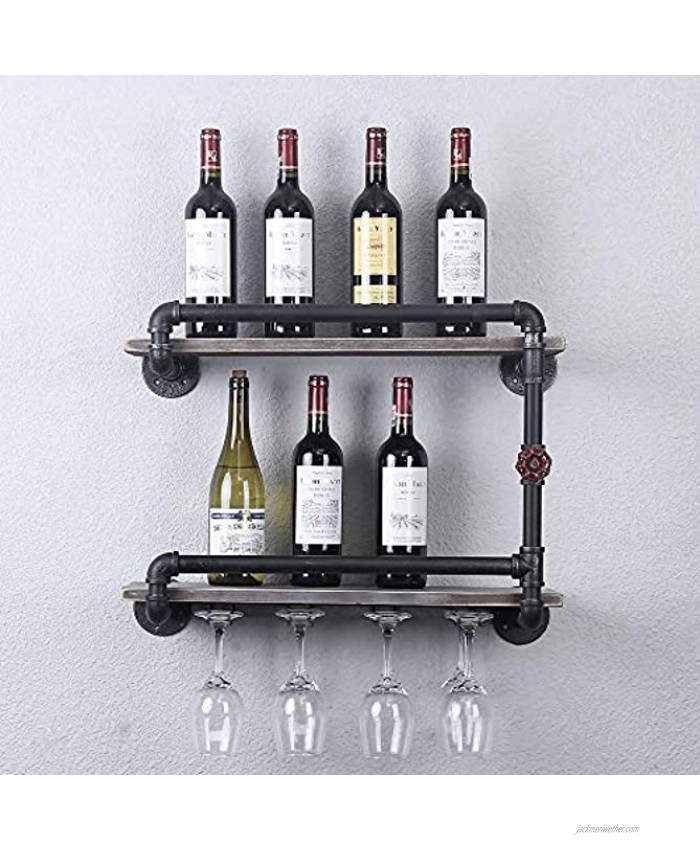 Rustic Wine Glass Rack Wall Mounted with 4 Stem Glass Holder,Industrial Pipe Hanging Wall Mount Wine Racks 2-Tiers,Metal Spice and Wine Glass Rack Wine Holder,24in Wine Glass Wall Shelf Pipe Shelves