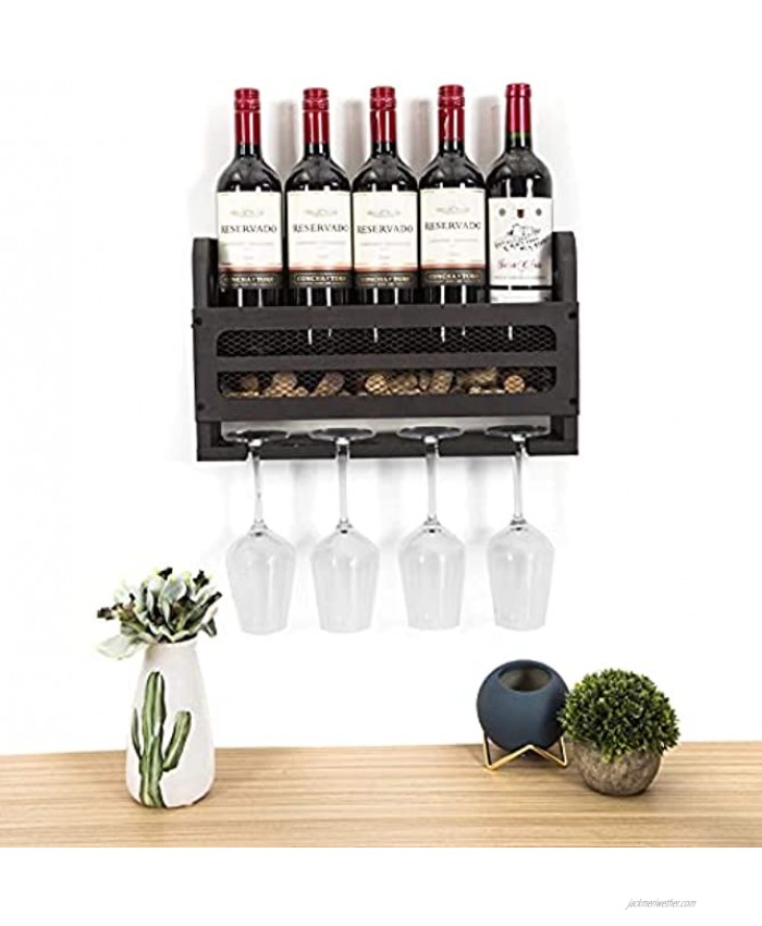 SODUKU Wall Mounted Wooden Wine Rack 5 Wine Bottles and 4 Stem Glasses Holder Wine Cork Storage Rack Espresso