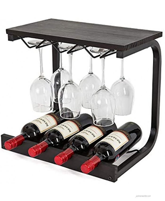 Soduku Wine Rack Wall Mounted Handmade Metal & Wood Wine Countertop Rack Wine Storage Shelf with 4 Bottle Cages & 6 Long Stem Glass Holder Espresso