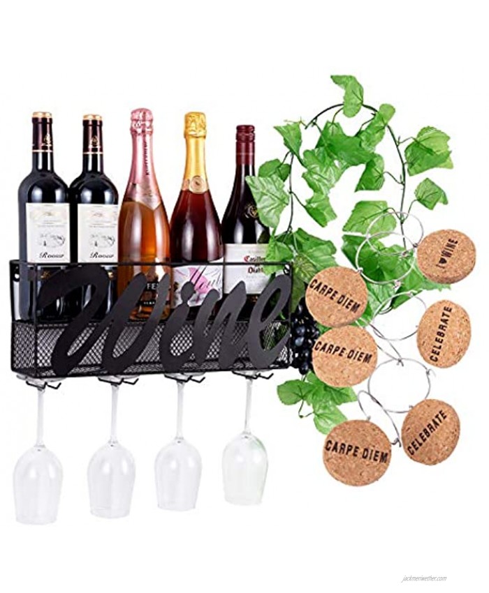 Wall Mounted Wine Rack-Black Wine Racks for Wall-Wine Bottle Holder-4 Hanging Stemware Glass Holder-Home & Kitchen Décor