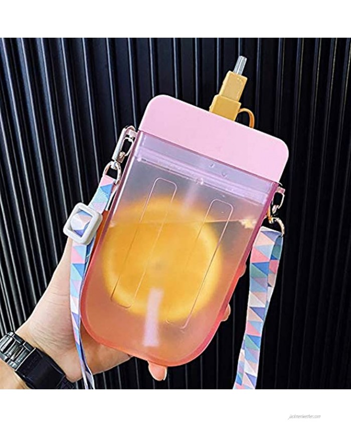 YunQin 300ml Cute Straw Cup New Plastic Popsicle Shape Water Bottle BPA Free Transparent Juice Drinking Cup Suitable for Adult Girls Pink