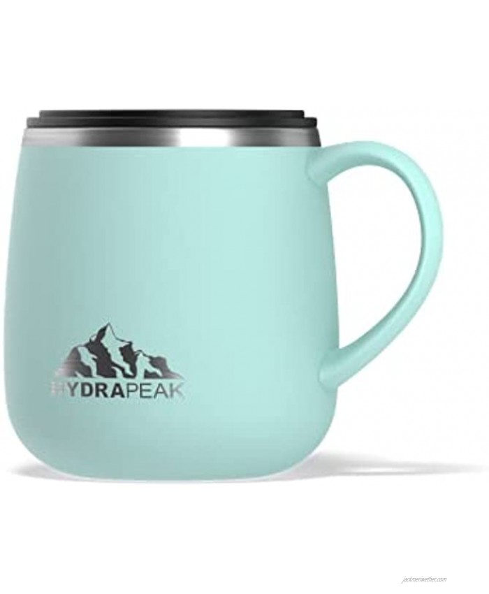 Hydrapeak 14oz Double Vacuum Insulated Coffee Mug. Stainless Steel Travel Mug Tumbler Tea Cup with Water Tight Slide Lid and Handle 14 Ounce Aqua