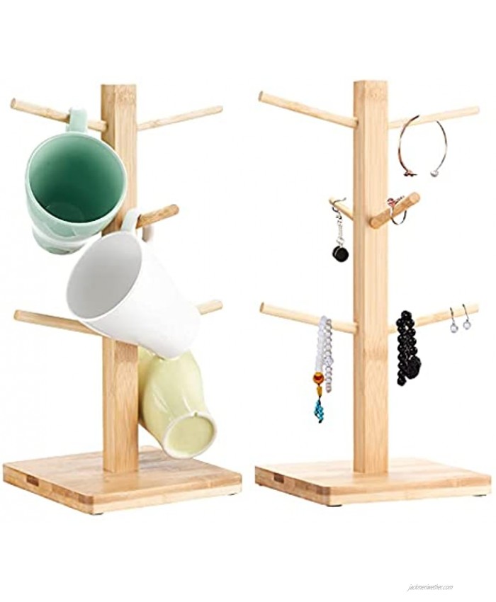 Mug Tree Holder with 6 Hooks Bamboo Coffee Mugs Cups Rack Multipurpose Display Stand for Kitchen Organizer Countertop Bar Accessory Jewelry Holder
