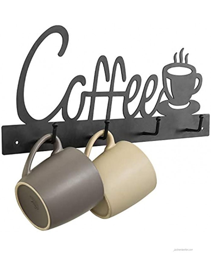 MyGift 4-Hook Coffee Cup Design Wall Mounted Black Metal Mug Rack