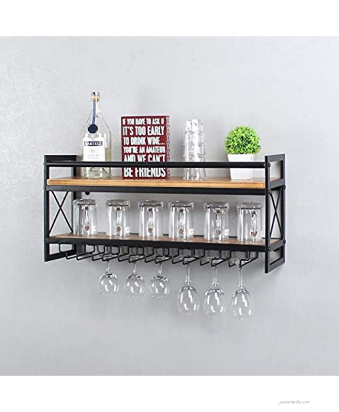 OISSIO Industrial Stemware Rack Wall Mounted,Wine Rack with Wood Shelves,2 Tier Stemware Storage with 7 Stem Glass Holder for Wine Glasses,Mugs,Home Decor,Black30 inch