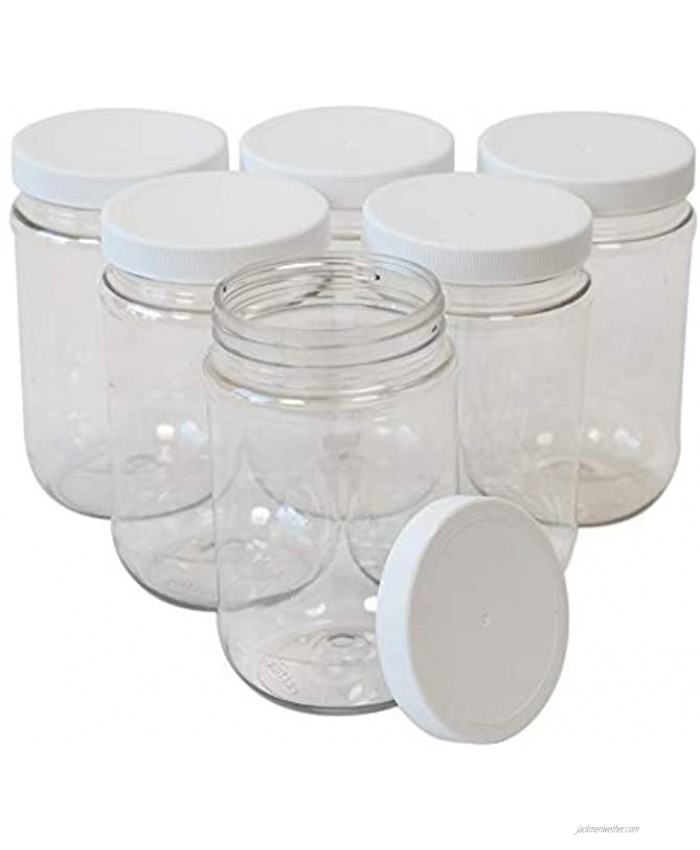 CSBD 16 Oz Clear Plastic Mason Jars With Ribbed Liner Screw On Lids Wide Mouth ECO BPA Free PET Plastic Made In USA Bulk Storage Containers 6 Pack 16 Ounces