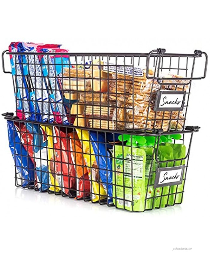 Gorgeous Stackable Wire Baskets For Pantry Storage and Organization Set of 2 Pantry Storage Bins With Handles Sturdy Metal Food Baskets Keep Your Pantry Organized