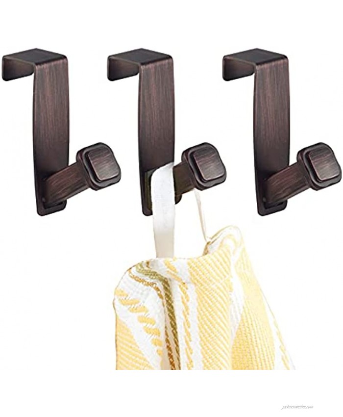 mDesign Decorative Metal Over the Cabinet Kitchen Hooks Hang Over Cabinet Doors Holds Dish Towels Hand Towels Pot Holders Oven Mits 3 Pack Bronze
