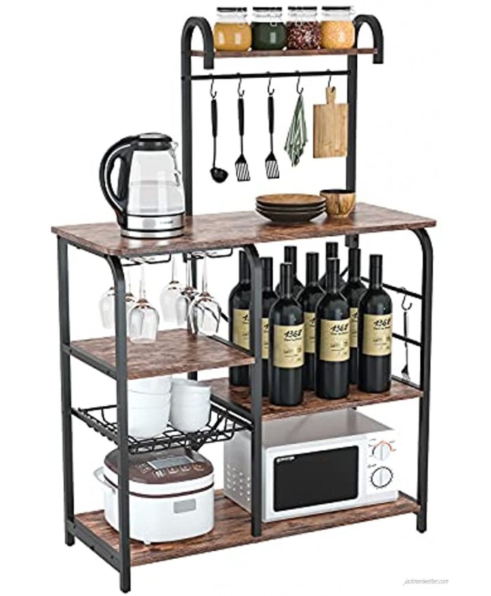 QSSLLC Kitchen Baker's Rack Vintage Kitchen Shelf Microwave Stand with 6 S-Hooks Pull-Out Wire Basket & Wine Glass Rack 3-Tier + 4-Tier Coffee Station for Kitchen Office Bathroom Living Room