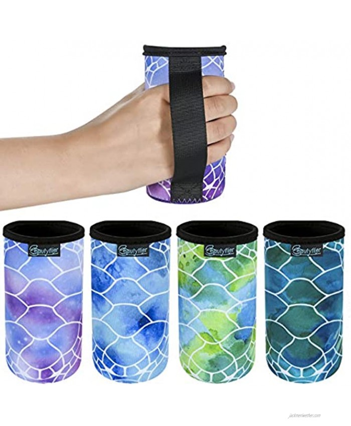 Beautyflier 12oz Slim Can Neoprene Bottle Insulator Sleeve Collapsible Drink Slim Can Cover for 12 Ounce Energy Drink Beverage Beer Can Turtle Pattern With Handle 4 Pcs