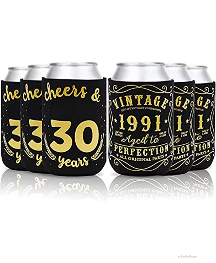 Cheers & Beers to 30 Years Can Sleeves Vintage 1991 30th Birthday Party Favor Decorations Supplies Can Cover Beer Sleeves Black and Gold Neoprene Sleeves for Soda Beer Can Beverage Set of 12