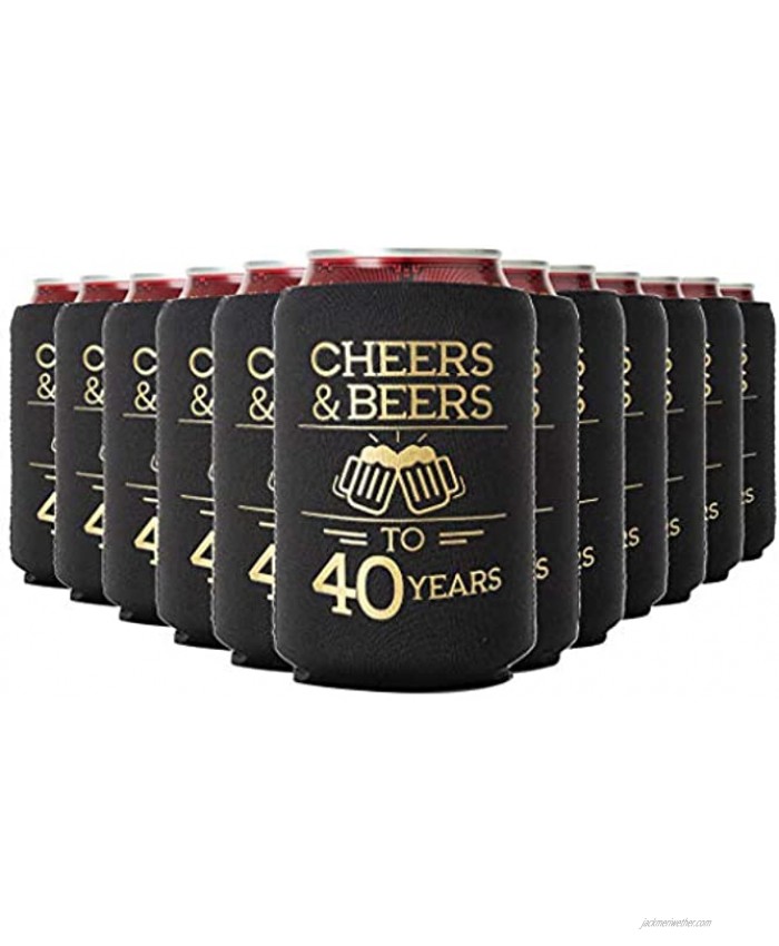 Cheers & Beers to 40 Years Can Coolers 40th Birthday Party Coolies Set of 12 Black and Gold Thirtieth Birthday Cup Coolers Perfect for Birthday Parties Birthday Decorations