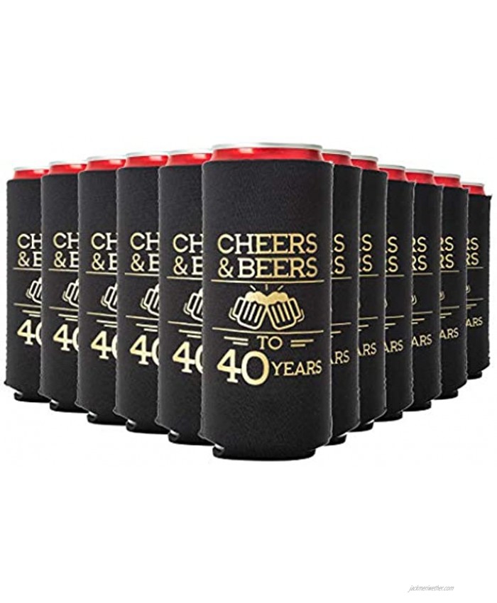 Cheers & Beers to 40 Years Slim Can Coolers 40th Birthday Party Coolies Set of 12 Black and Gold Thirtieth Birthday Cup Coolers Perfect for Birthday Parties Birthday Decorations