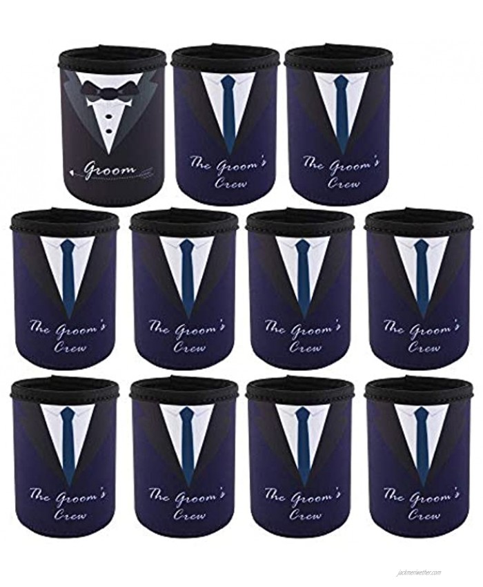 CM Groom and Groom's Crew Soft Neoprene Can Sleeves Covers for Regular Standard 12 Fluid Ounce Drink & Beer Cans for Wedding Party Groomsman Party Groomsman Gifts Bachelor Party 11 Pcs