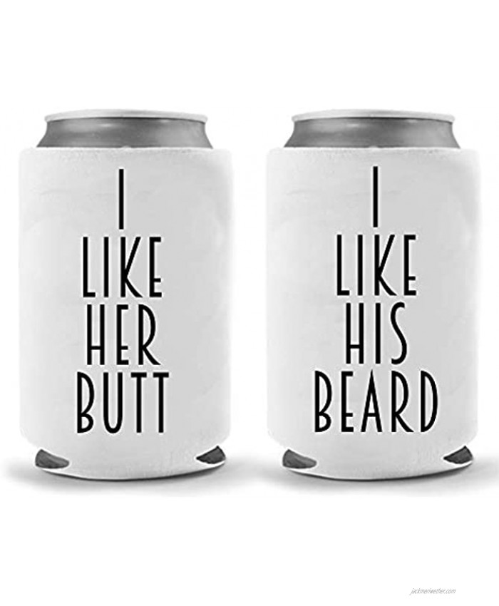 His Beard Her Butt Beer Coolies | Set of Two 2 | Funny Gag Party Gift Beer | Funny Joke Drink Can Cooler | Beer Beverage Holder | Beer Gifts | Quality Neoprene Insulated Coolie