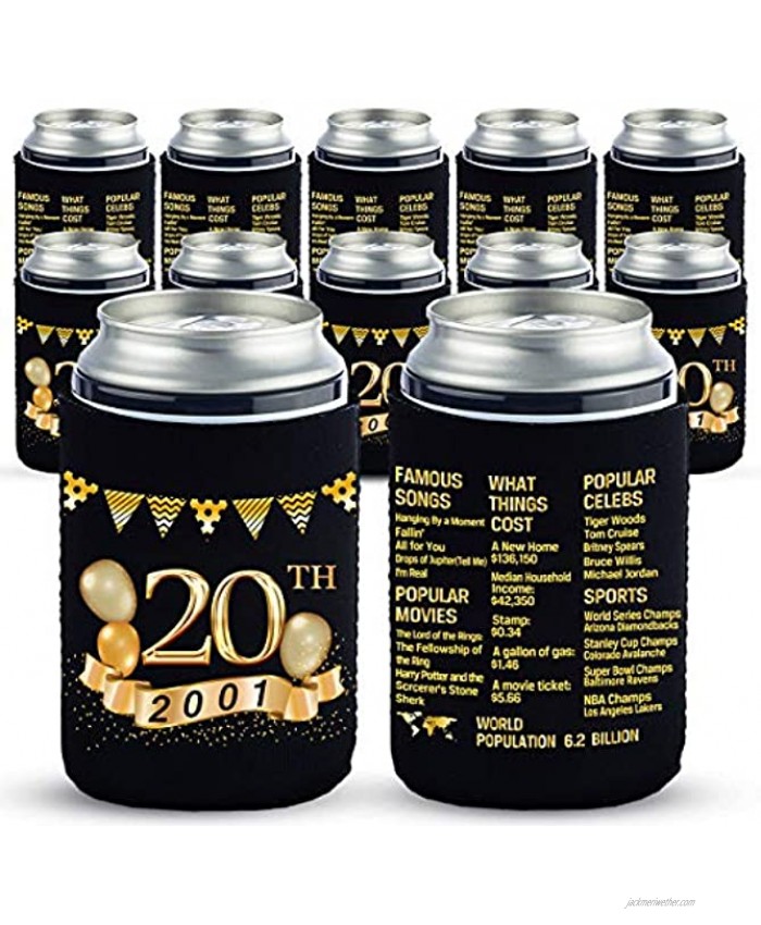Yangmics 20th Birthday Can Cooler Sleeves Pack of 12-20th Anniversary Decorations- 2001 Sign 20th Birthday Party Supplies Black and Gold the twentieth Birthday Cup Coolers