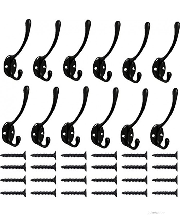 12pcs Black Coat Hooks Dual Coat Hooks Wall Mounted Metal Hooks Utility Hooks Robe Hook Rustic Double Hooks Coat Hanger and 26 Screws for Coat Scarf Bag Towel Key Cap Cup Hat Black Color