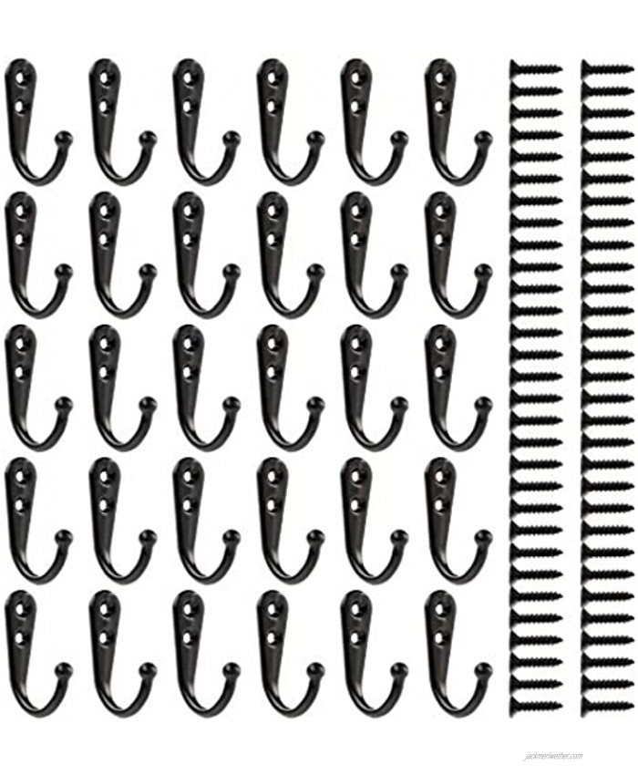 30 Pieces Large Wall Mounted Coat Hook Robe Hooks Cloth Hanger Coat Hanger Coat Hooks Rustic Hooks and 60 Pieces Screws for Bath Kitchen Garage Single Coat Hanger Black
