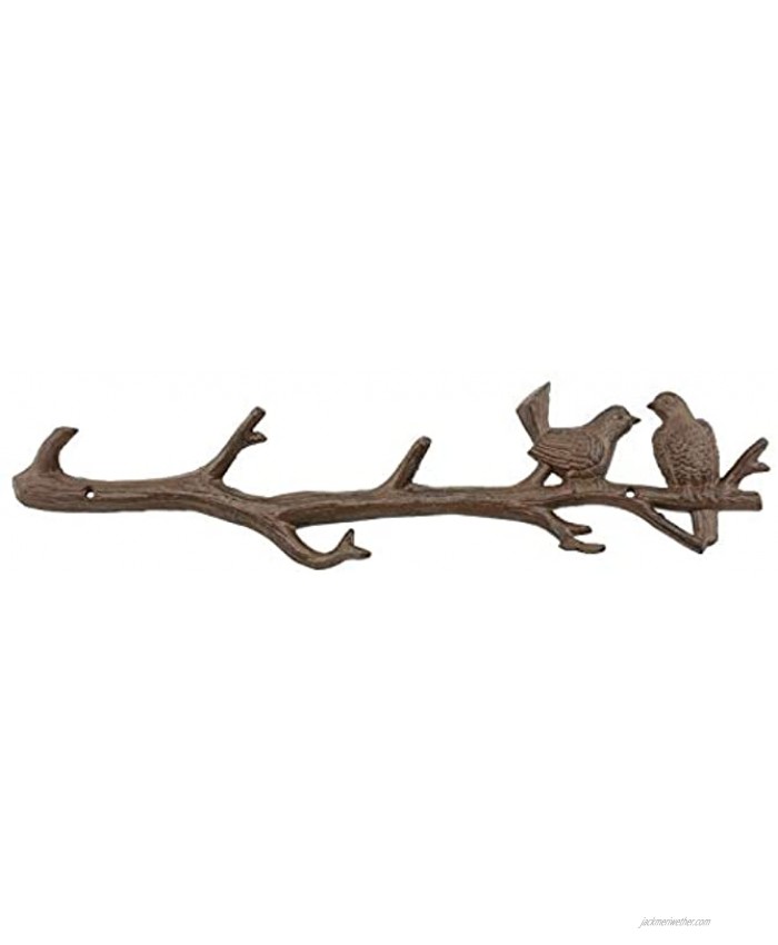 Cast Iron Birds On Branch Hanger with 6 Hooks | Decorative Cast Iron Wall Hook Rack | for Coats Hats Keys Towels Clothes | 18.5x2x4.5” Rust Brown