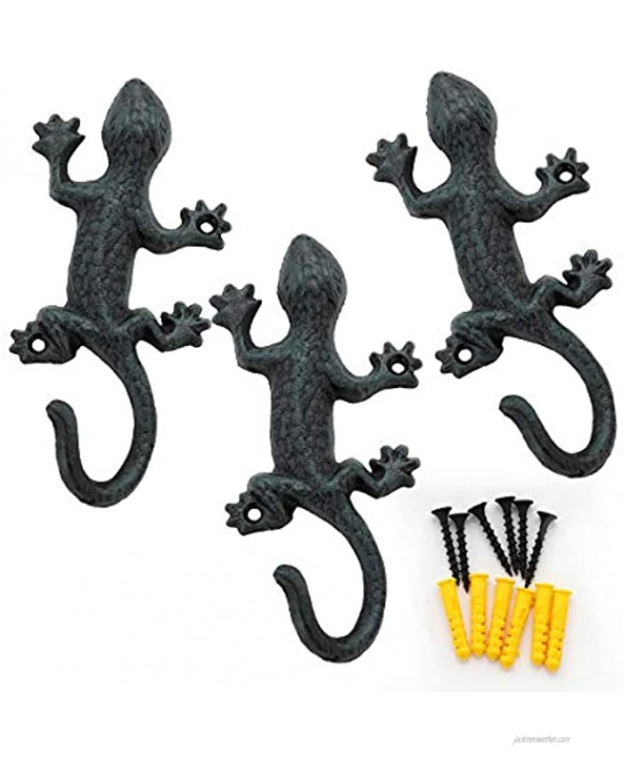 Coat Hooks Hanging Wall Mounted Rustic Decorative Gecko Hook Cast Iron 6 Inch Key Holder Wall Decor Set of 3