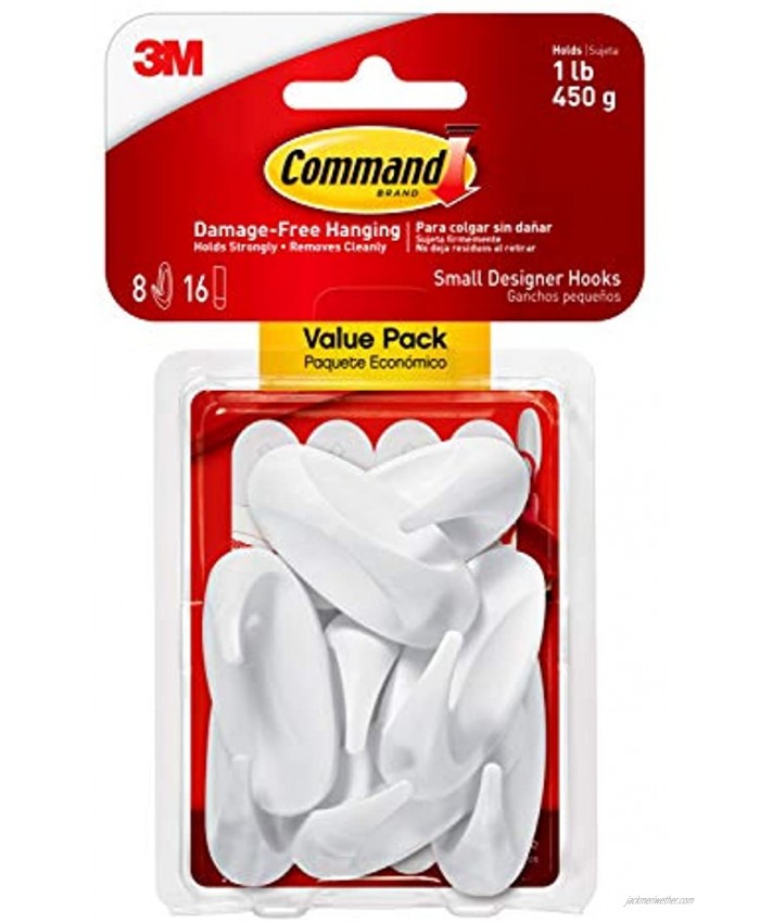 Command Small Designer Hooks White 8-Hooks 16-Strips Organize Damage-Free