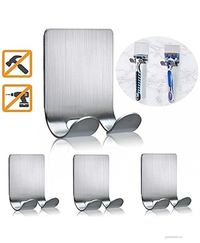 Razor Holder for Shower Self Adhesive Shower Hooks Shaver Holder Wall Hanger Stainless Steel for Loofah Plugs Razors Brushes Towels Robes- Bathroom Home Kitchen-4 Packs