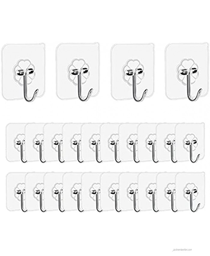 Wall Hooks 22lbMAX Heavy Duty Self Adhesive Hooks,Waterproof and Oilproof,Transparent Reusable Seamless Hooks Strong,Suitable for Bathroom Kitchen,20 Pack
