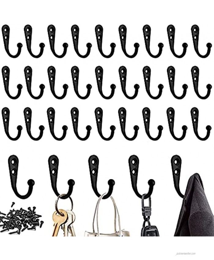 32 Pack Small Wall Mounted Single Prong Robe Coat Hooks,Retro Design No Scratch Rustic Coat Hooks Key Hook for Home Bath Kitchen and More,Including 64PCS Screws Black