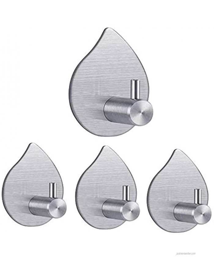 TBMax Adhesive Wall Hooks 4 Pack Heavy Duty Stainless Steel Towel Hook for Hanging Stick on Wall Hangers-Waterdrop
