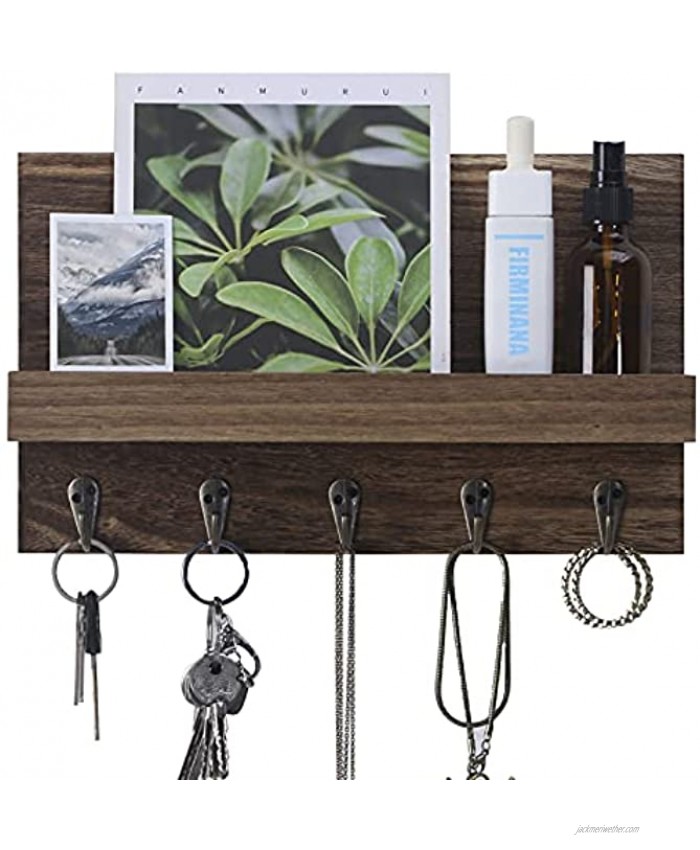 FIRMINANA Mail and Key Holder for Wall Solid Wood Wall Mounted Mail Holder 5 Key Hooks and Shelf for Entryway Storage Living Room Hallway Office Carbonized Black