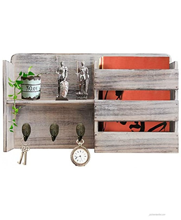 Honest Torched Wood Rustic Wall Mounted Key & Mail Holder,Organizer with 3 Key Hooks Shelf for Entryway or Mud Room Holds Documents Bills Letters Keys Barnwood White