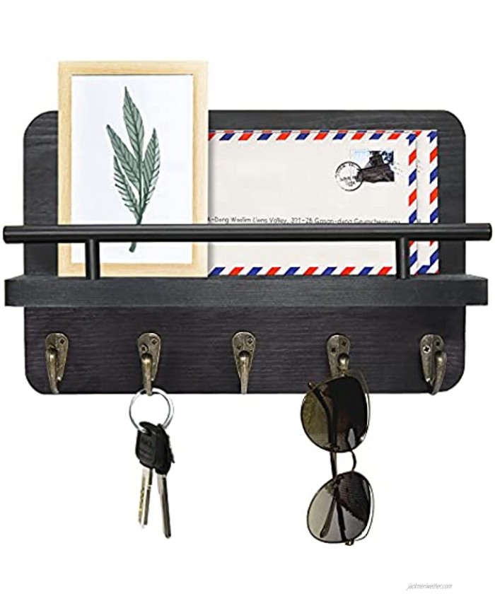Key Holder for Wall Decorative with Mail Shelf Key and Mail Holder for Wall Black Key Hanger for Wall with 5 Hooks Key Hooks with Shelf 100% Pine Wood Wall Organizer Key Rack for Entryway