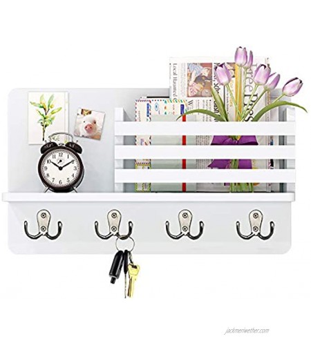 Key Holder for Wall Mail Organizer Whit A Floating Shelf and 4 Double Key Hooks Perfect for Entryway Foyer Closet and More White