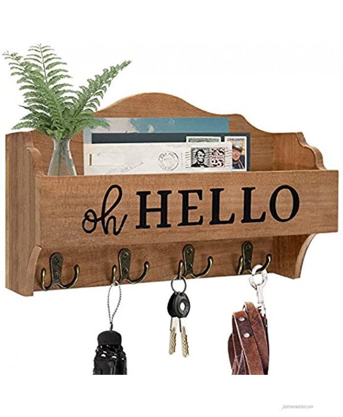 Key Holder for Wall with Mail Shelf Decorative Wooden Mail Organizer with 4 Double Hooks Wood Hanging Mail Sorter with Storage Shelf Solid Wood Key Hanger for Letter Bill and Newspaper