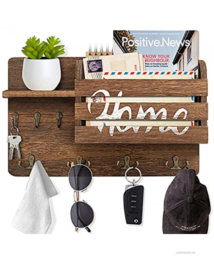 Key Holder Mail Organizer Wall Mount with Floating Shelf and Double Key Hooks Home Rustic Wood Key Hangers and Mail Sorter for Wall Decorative for Entryway Storage Living Room Hallway Kitchen