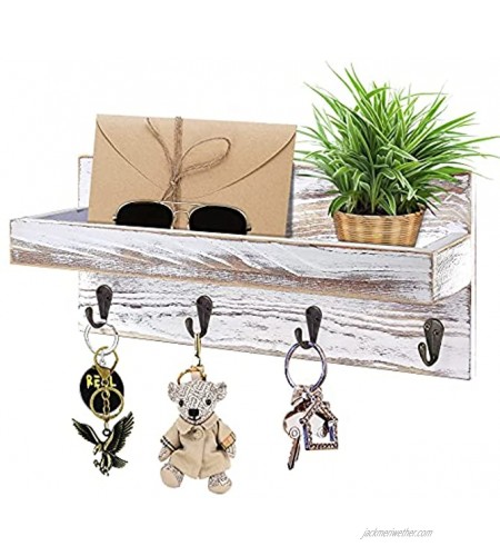 KIWOEN Key Holder for WallKey Hanger Vintage RusticWoodenDecorative Shelf Mail Organizer with 4 Key Hooks Wall Mounted Entryway Key Rack for Living Room,Kitchen,Bathroom and Office（White）