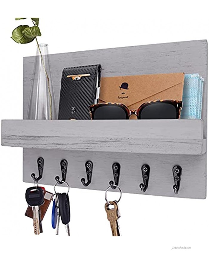 Mail and Key Holder for Wall Stylish Key Rack with 6 Key Hooks Wooden Key Holder for Wall Decorative Key Hanger for Entryway Storage Living Room Hallway Grey