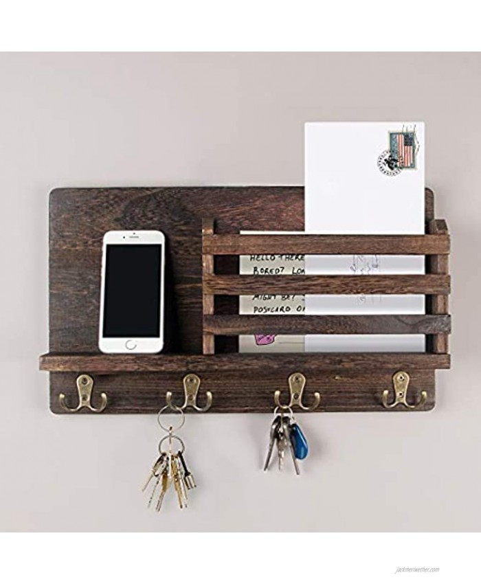 Mail and Key Holder for Wall with Key Hooks Basket,Wood Mail Sorter Wall Decor for Wall Mail Organizer,Car Key Ring,Wall Mount Key Mail Holder with Double Hooks and Floating Shelf Rustic Home Decor