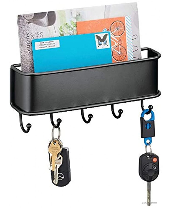 mDesign Wall Mount Metal Entryway Storage Organizer Mail Sorter Basket with Multiple Hooks Letter Magazine Coat Leash and Key Holder for Entryway Mudroom Hallway Kitchen Office Black