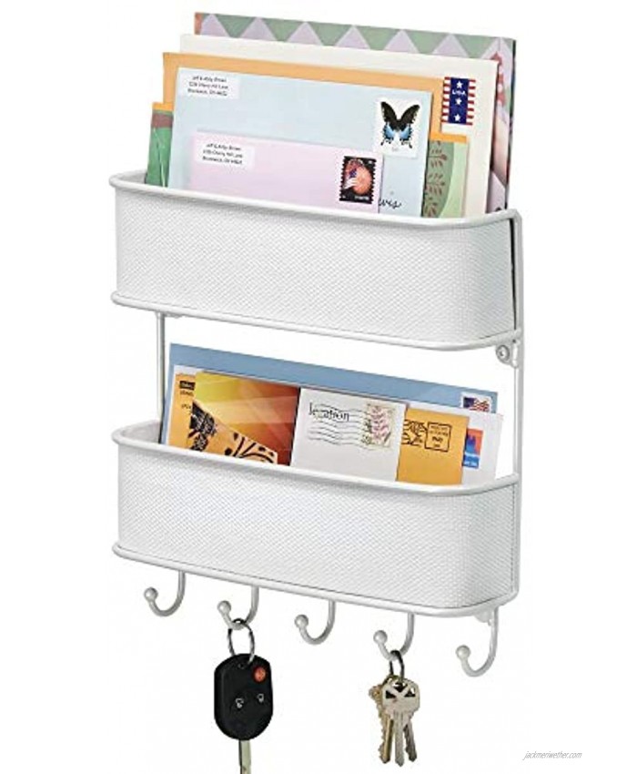 mDesign Wall Mount Metal Woven Mail Organizer Storage Basket 2 Tiers 6 Hooks for Entryway Mudroom Hallway Kitchen Office Holds Letters Magazines Coats Leashes Keys White