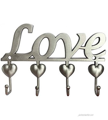 Myartte Key Holder- Key Hooks Decorative for Wall Decorative Zinc Alloy Key Organizer Rack with 4 Hooks -with Screws and Sticker Antique Sliver Love