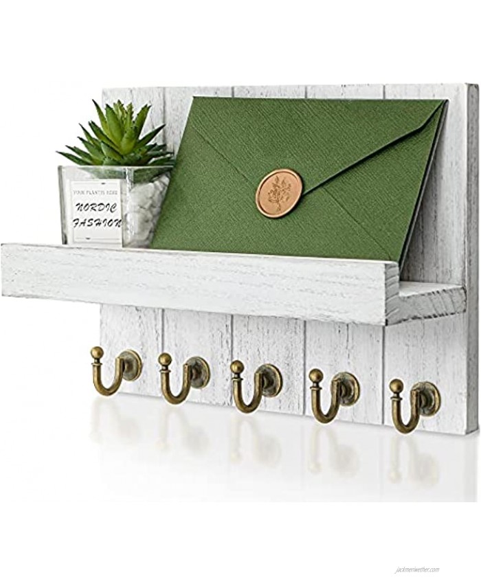 Rebee Vision Key and Mail Holder for Wall: Key Hanger for Wall with Shelf Wood Wall Shelf with Hooks 5 Hooks for Wall Decorative Retro Hanging Organizer Rustic Farmhouse Decor for Entryway White