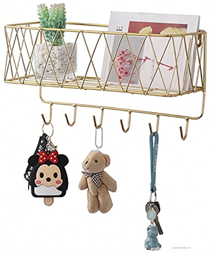 RUNJIN Wall Mount Entryway Mail Holder with Key Hooks,Metal Wire Mesh Mail Sorter Basket with 6 Hooks,Easy to Organize Letters,Magazines Keys,Leashe,for Entryway,Hallway,Office,Gold