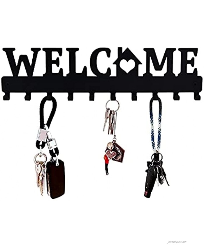 TWOWYHI Key Holder for Wall Black Metal Keys Holder Decorative Wall Mounted WELCOME Design Style Key Rack for Wall Key Hanger with 10 Hooks 12.99Length 3.35Width key hangers with Adhesive Wall Screw