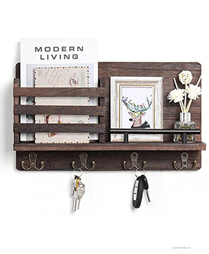 Wooden Mail and Key Holder for Wall Decorative Rustic Wall Mounted Mail Organizer with 4 Double Key Hooks and 1 Mail Sorter Perfect Home Decoration for Entryway Mudroom Hallway Brown
